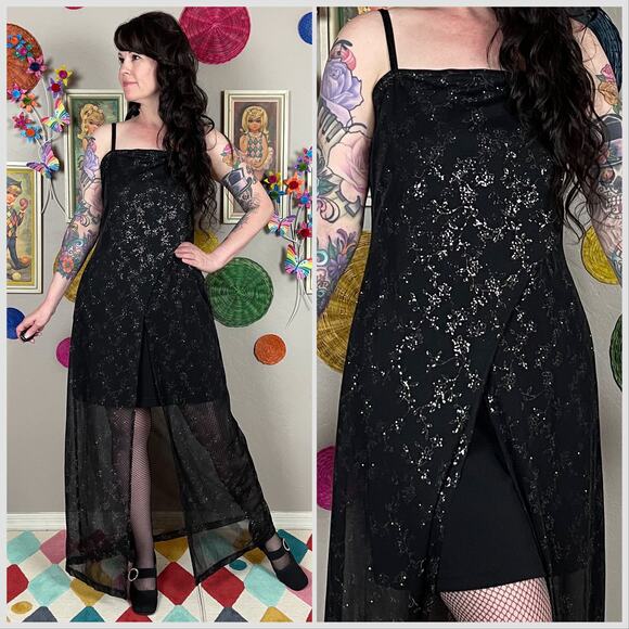 Vintage Y2K Black and Silver Glitter Sheer Mesh Slip Dress - Picture 1 of 7